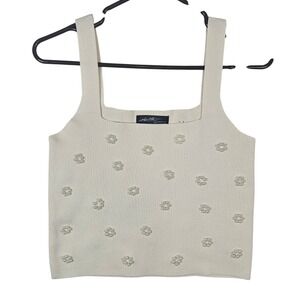 On Twelfth Cream Knit Crop Tank Top Faux Pearl Floral Embellished Square Neck L